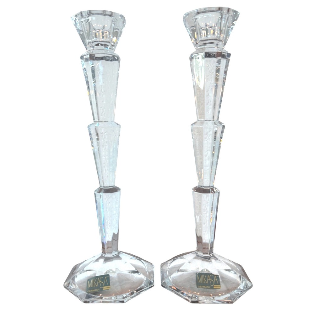 New In Box RARE Mikasa Trilogy Pair of 9‎ 1/2 Crystal Candle Holder Art Deco
